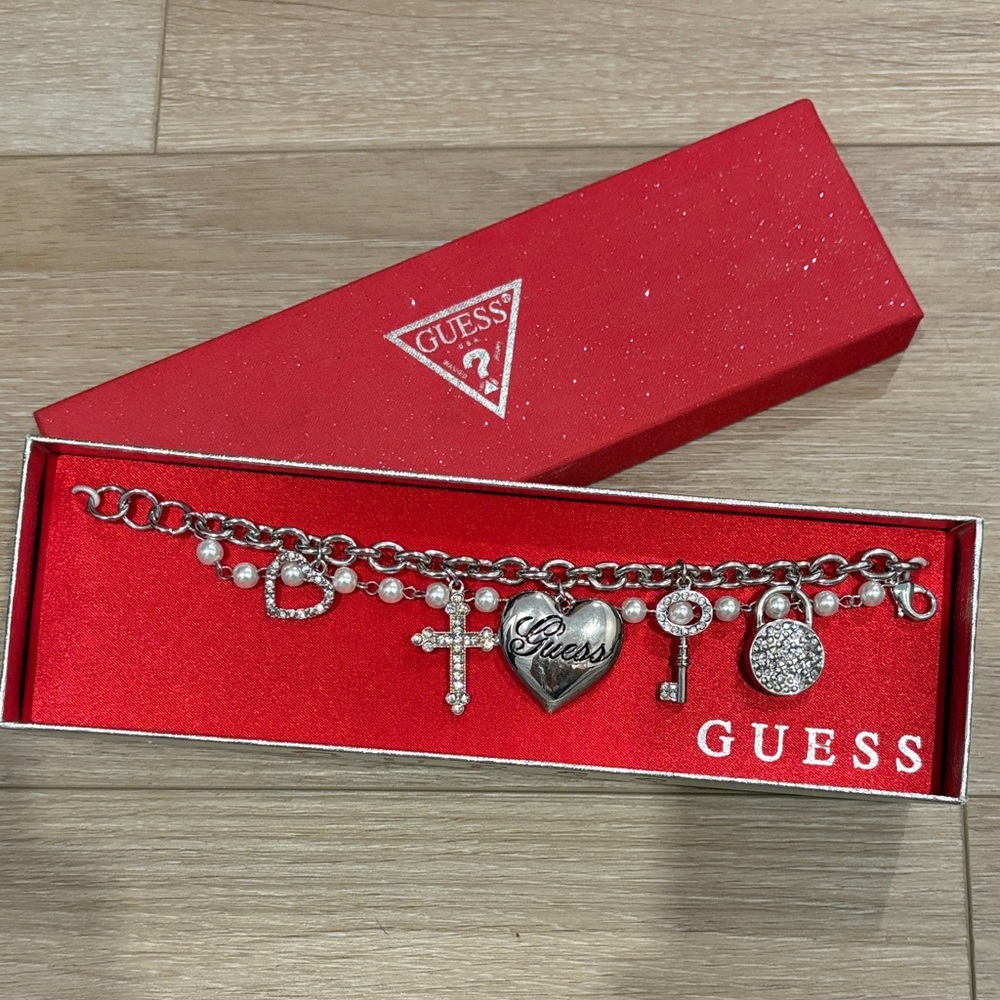 Guess Silver Charm Bracelet with Heart and Key